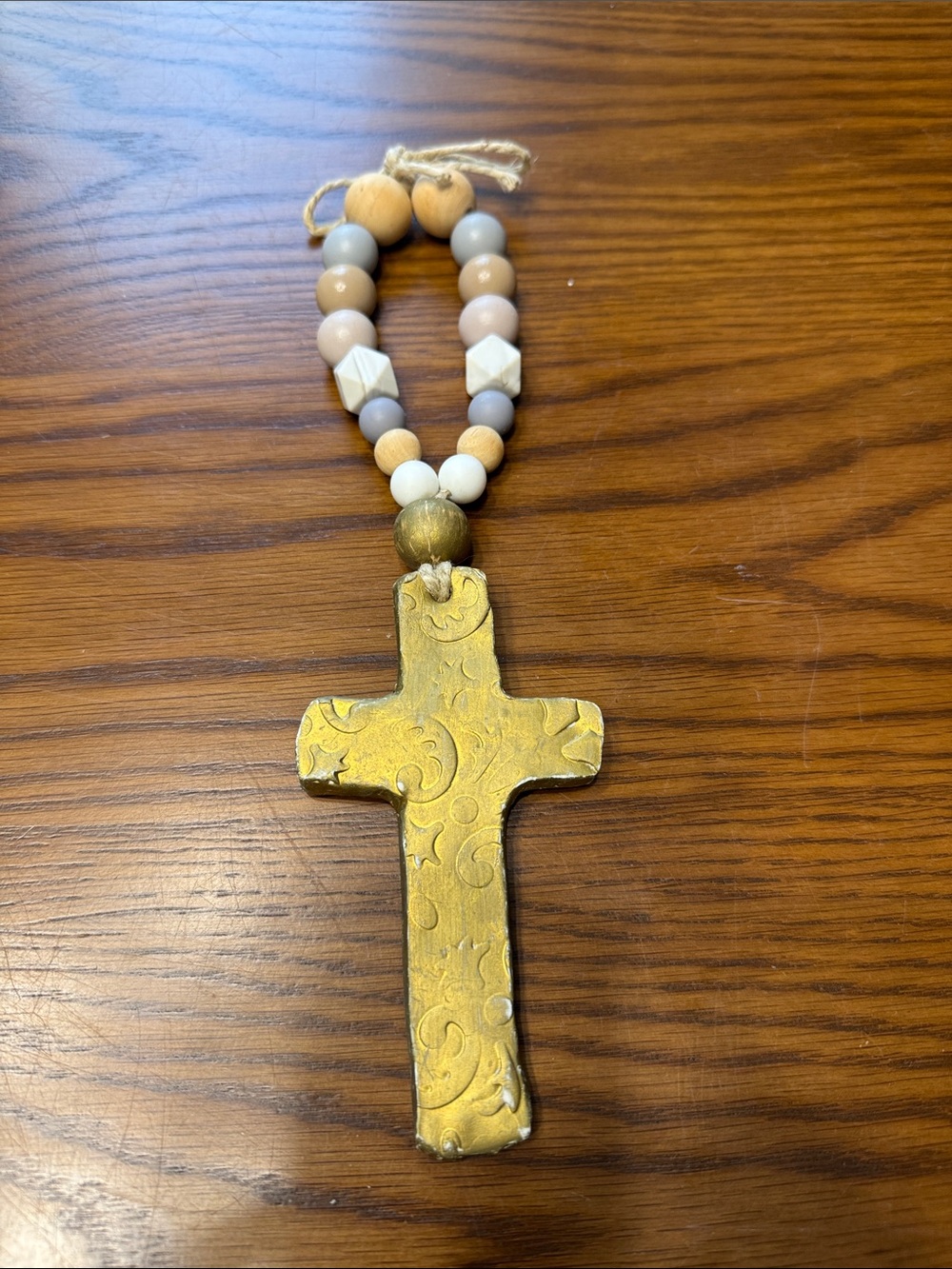 Gold Beaded Wall Cross with Neutral Wood Beads